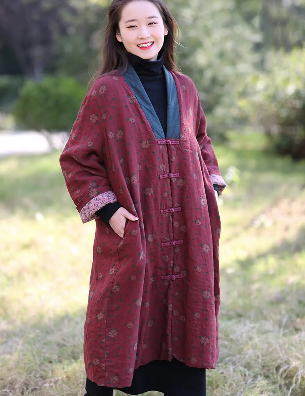 NFYM Womens Winter Warm Soft Kimono Jackets Floral Printed Patchwork Cotton Quilted Padded Long Loose Outwear Coats