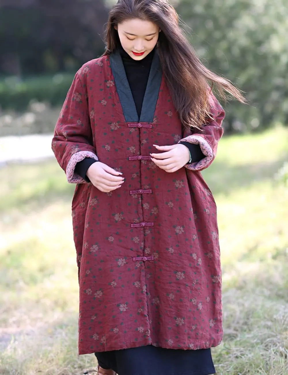 NFYM Womens Winter Warm Soft Kimono Jackets Floral Printed Patchwork Cotton Quilted Padded Long Loose Outwear Coats