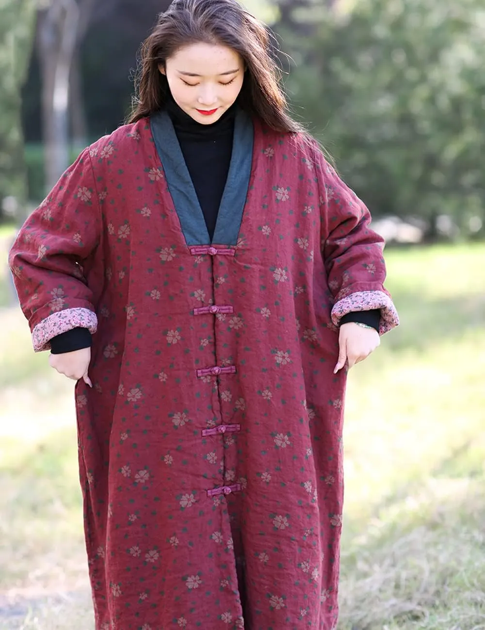 NFYM Womens Winter Warm Soft Kimono Jackets Floral Printed Patchwork Cotton Quilted Padded Long Loose Outwear Coats
