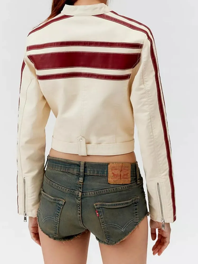 NIFTRIRY Leather Jacket Women Zipper Long Sleeved Striped Cropped Motorcycle Jacket Y2K Clothes Fall Outfits