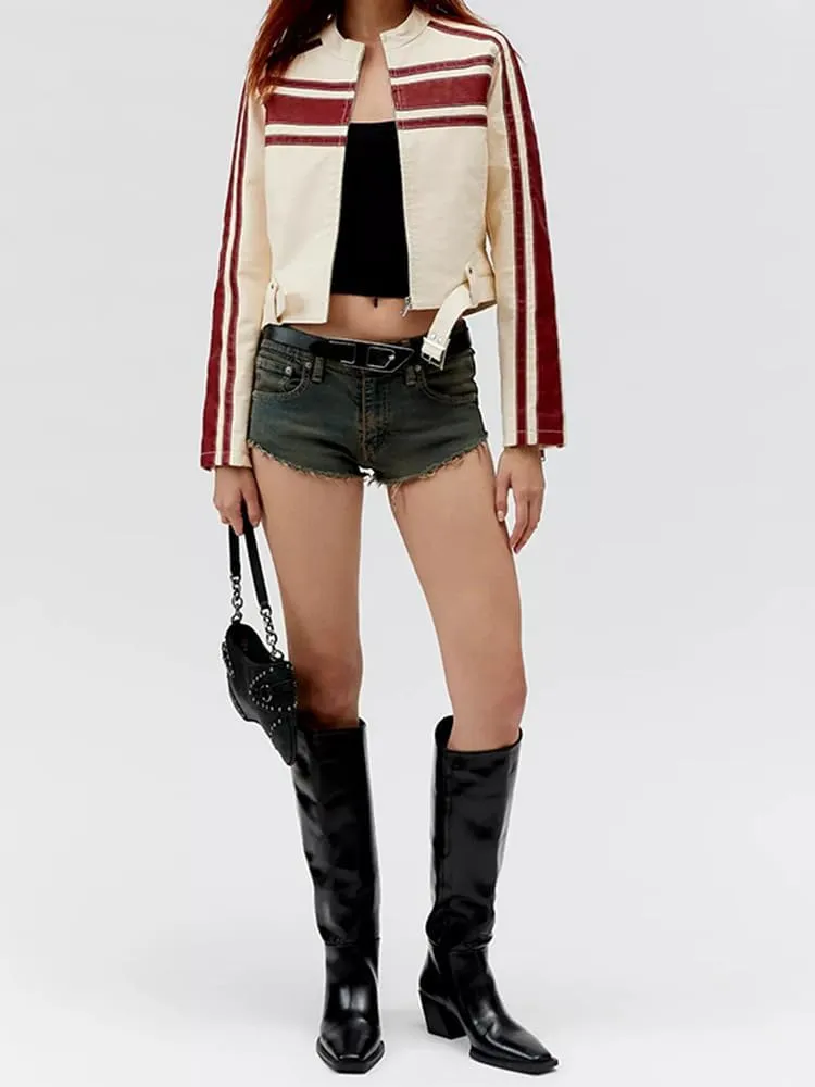 NIFTRIRY Leather Jacket Women Zipper Long Sleeved Striped Cropped Motorcycle Jacket Y2K Clothes Fall Outfits