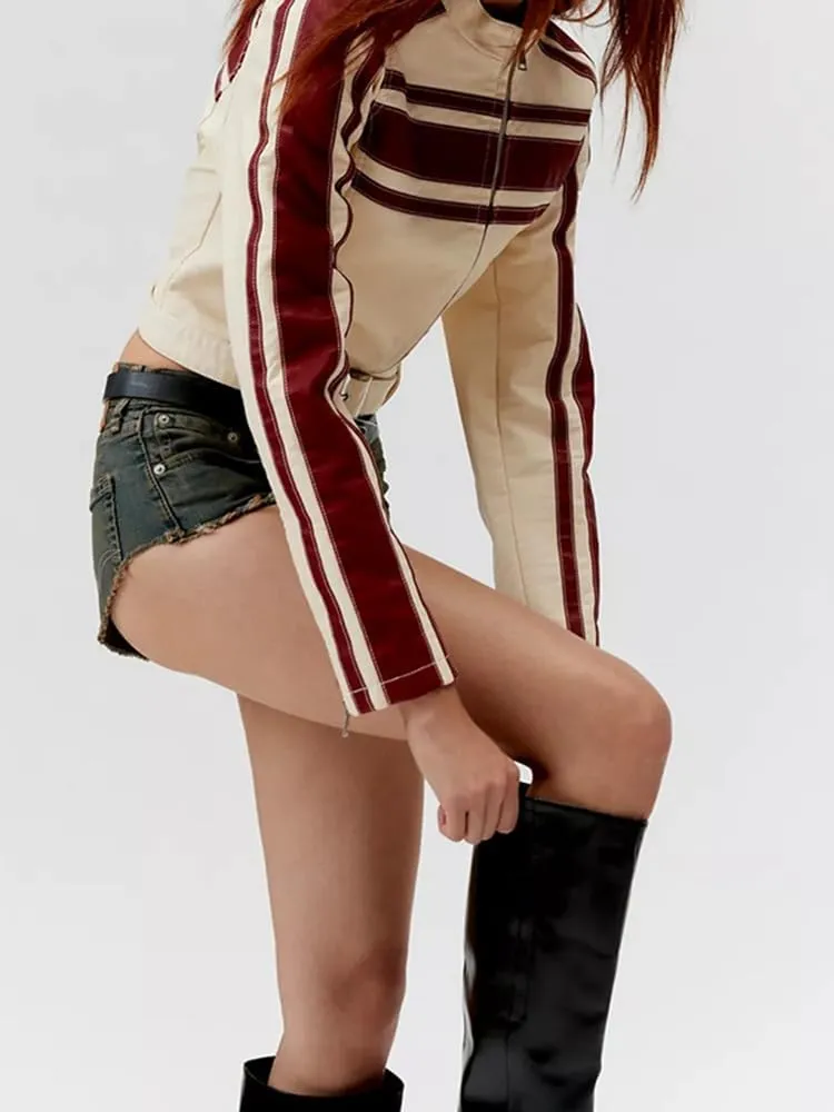 NIFTRIRY Leather Jacket Women Zipper Long Sleeved Striped Cropped Motorcycle Jacket Y2K Clothes Fall Outfits