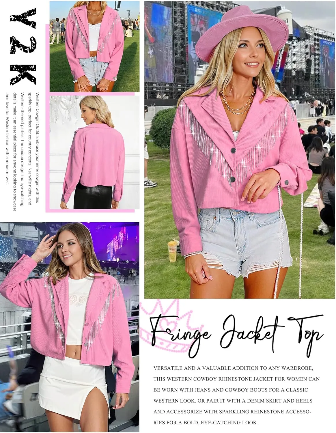 Nlife Womens Corduroy Crop Shirt Jacket Sparkly Rhinestone Fringe Shackets Nashville Concert Outfits Tassel Short Coats
