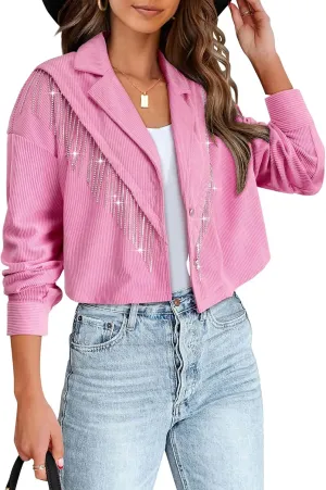 Nlife Womens Corduroy Crop Shirt Jacket Sparkly Rhinestone Fringe Shackets Nashville Concert Outfits Tassel Short Coats