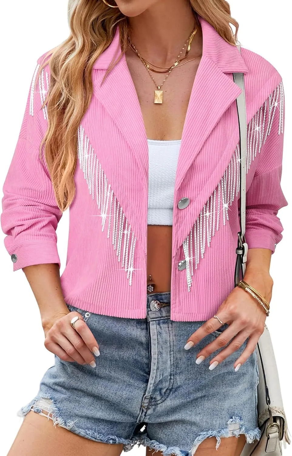 Nlife Womens Corduroy Crop Shirt Jacket Sparkly Rhinestone Fringe Shackets Nashville Concert Outfits Tassel Short Coats