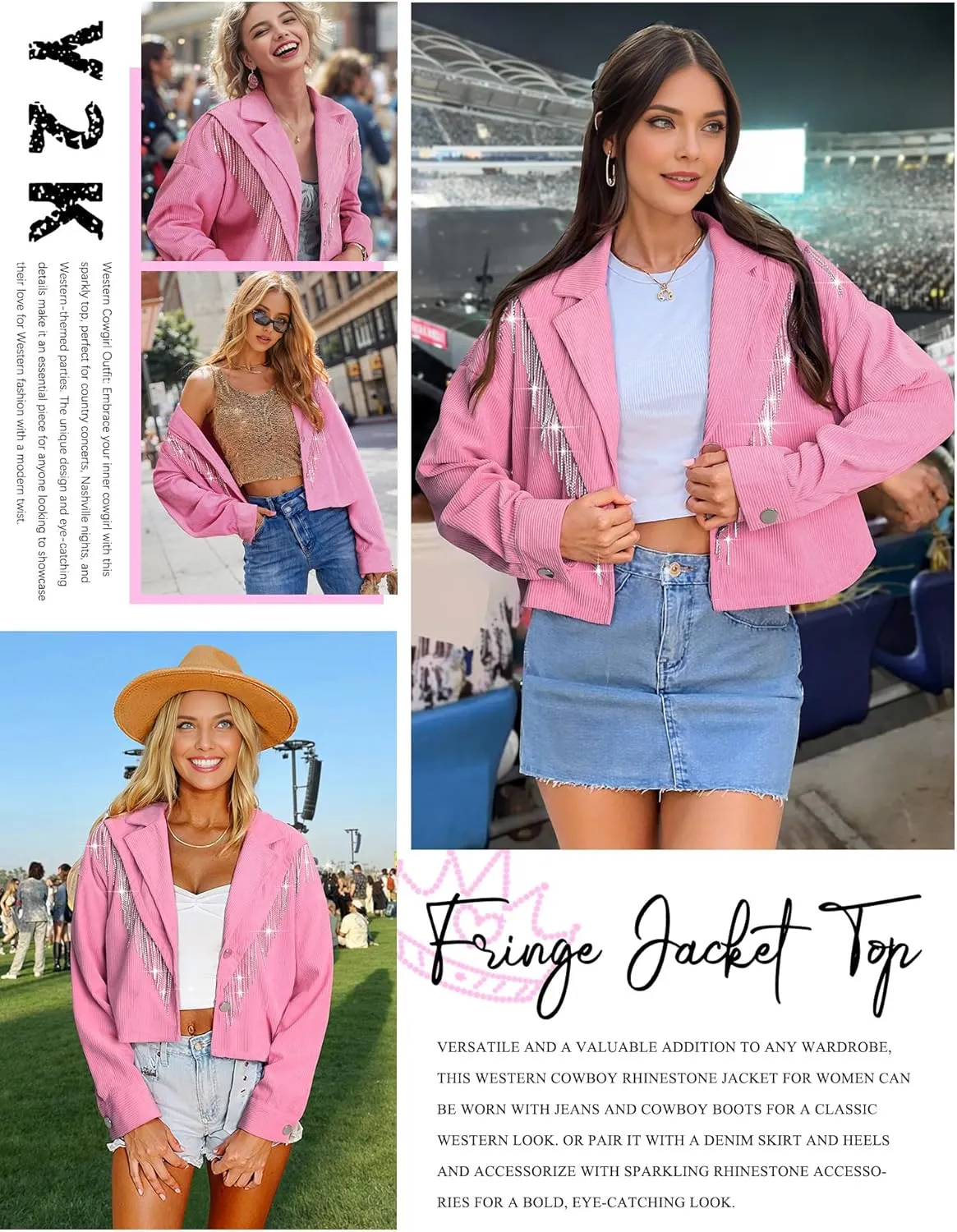 Nlife Womens Corduroy Crop Shirt Jacket Sparkly Rhinestone Fringe Shackets Nashville Concert Outfits Tassel Short Coats