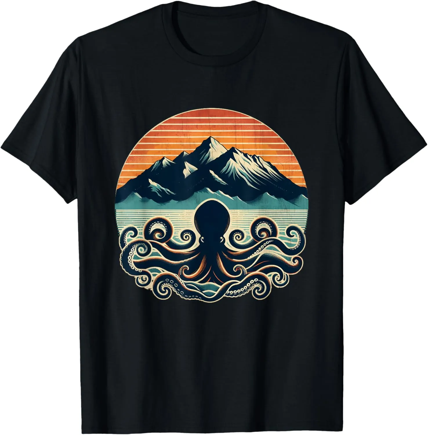 Octopus Silhouette Ocean Graphic Mountain Vintage Sunset T-Shirt