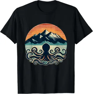 Octopus Silhouette Ocean Graphic Mountain Vintage Sunset T-Shirt