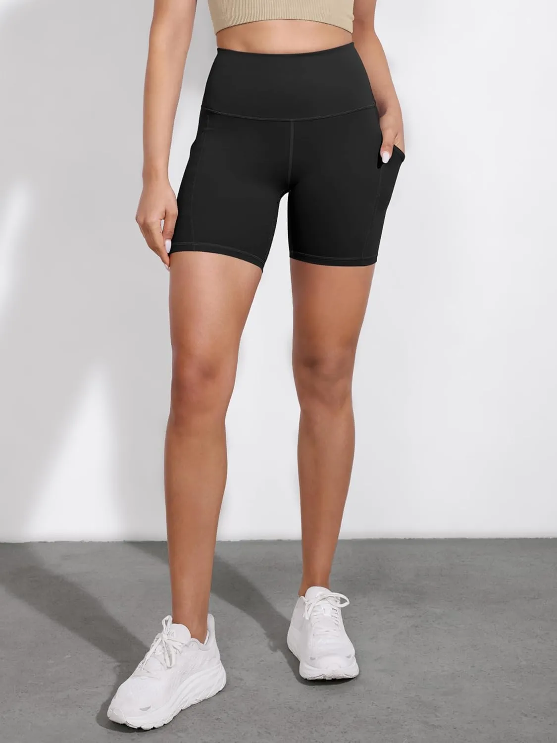 ODODOS 2-Pack High Waist Workout Shorts with Pockets for Women 6"/8" Inseam Tummy Control Gym Athletic Biker Shorts