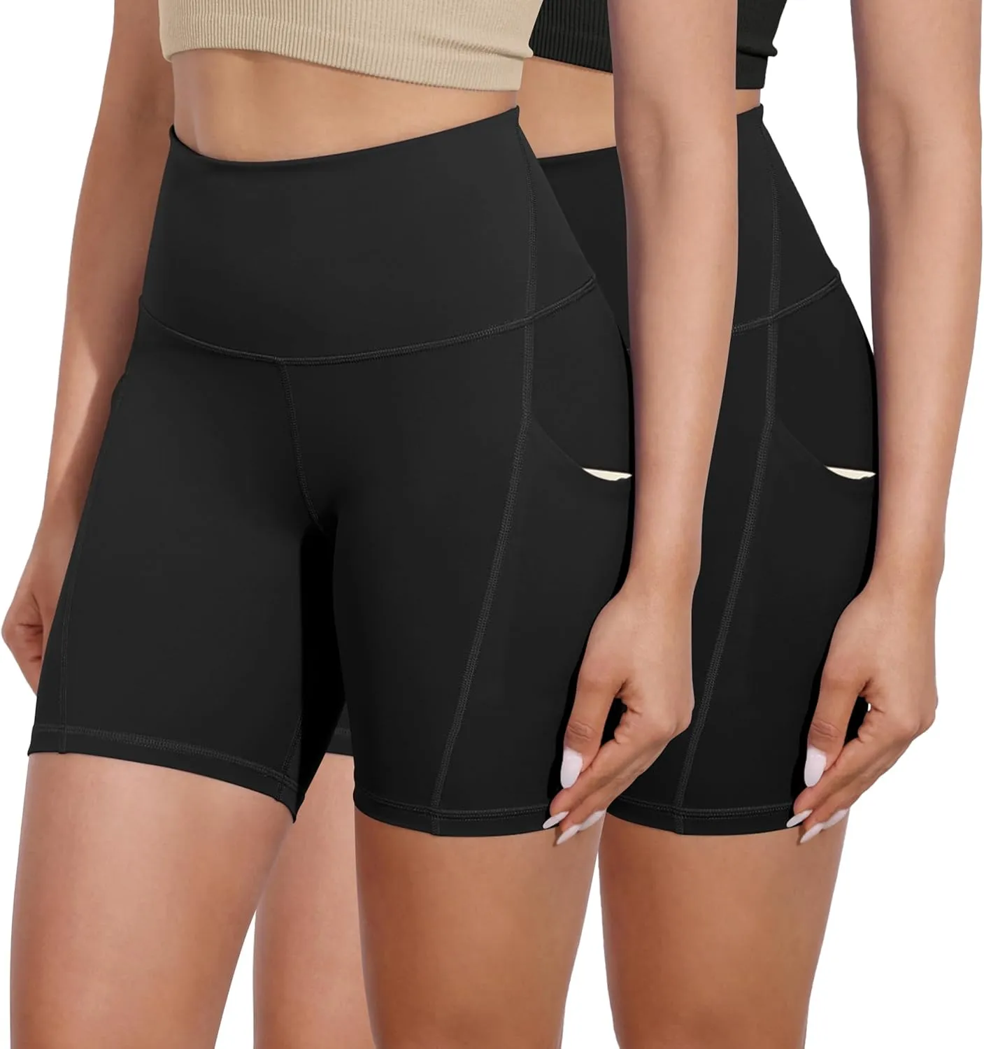ODODOS 2-Pack High Waist Workout Shorts with Pockets for Women 6"/8" Inseam Tummy Control Gym Athletic Biker Shorts
