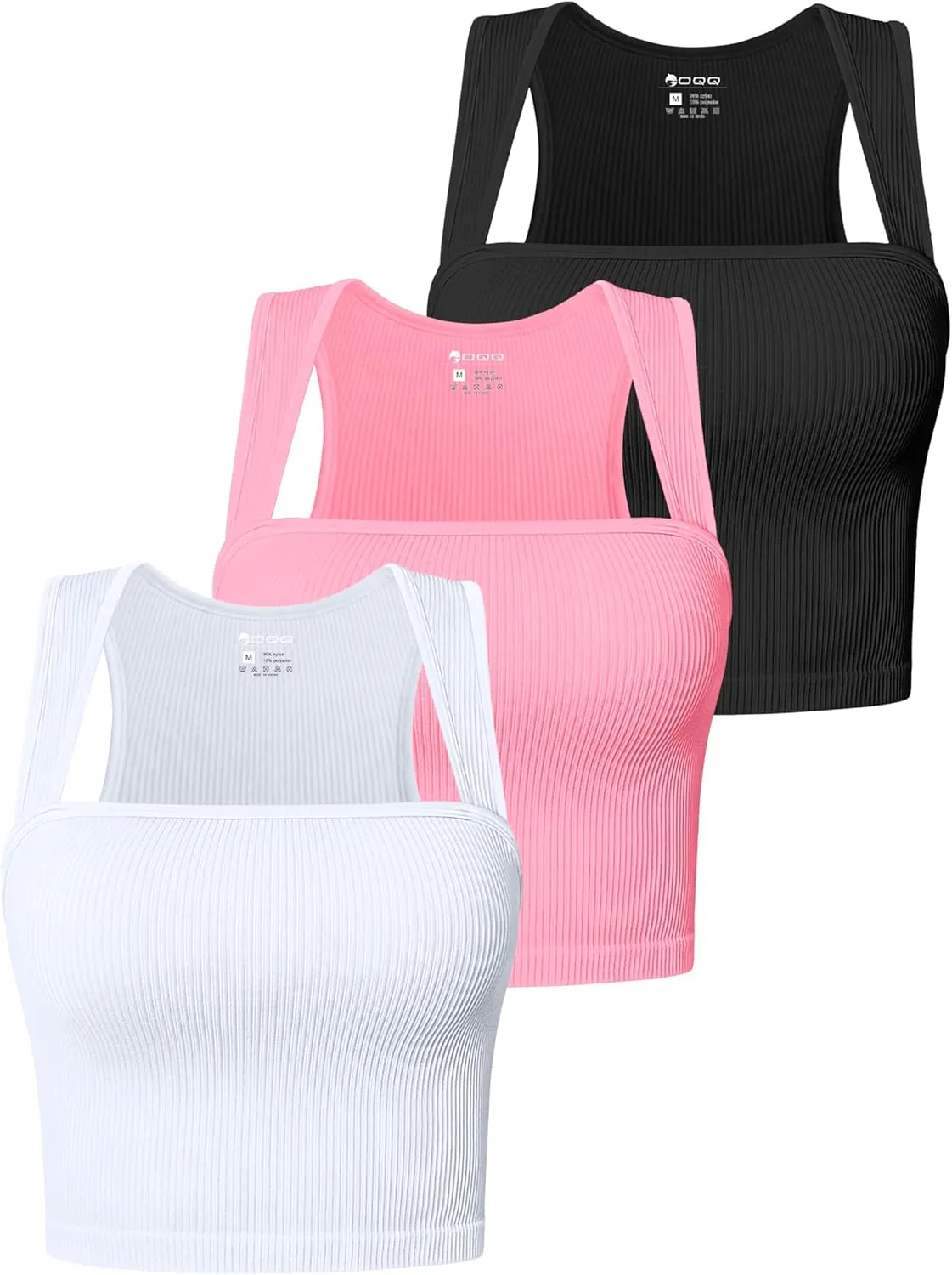 OQQ Women's 3 Piece Tank Tops Strappy Sleeveless Square Neck Stretch Tee Shirts Crop Camis