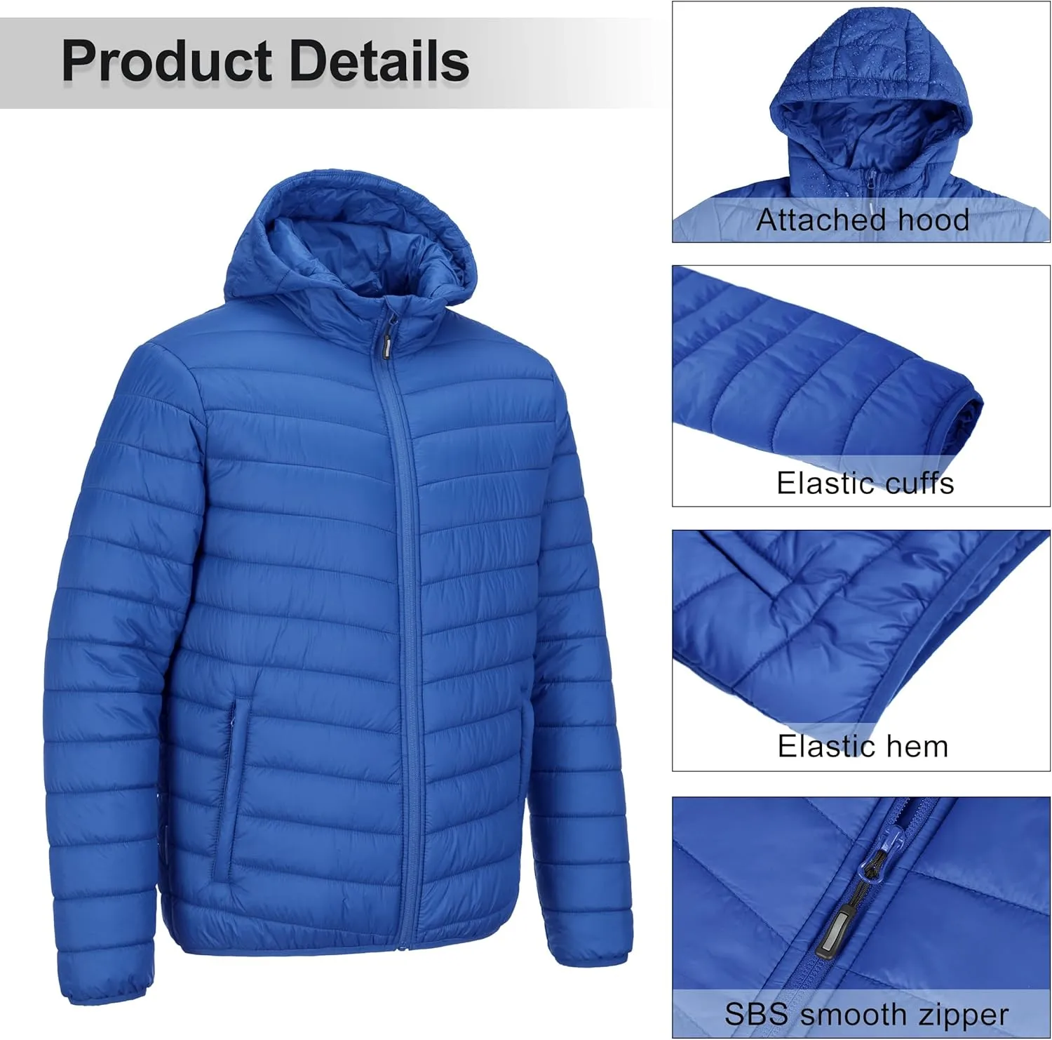 Outdoor Ventures Men's Lightweight Packable Hooded Puffer Jacket Insulated Winter Coat for Snow Ski Traveling