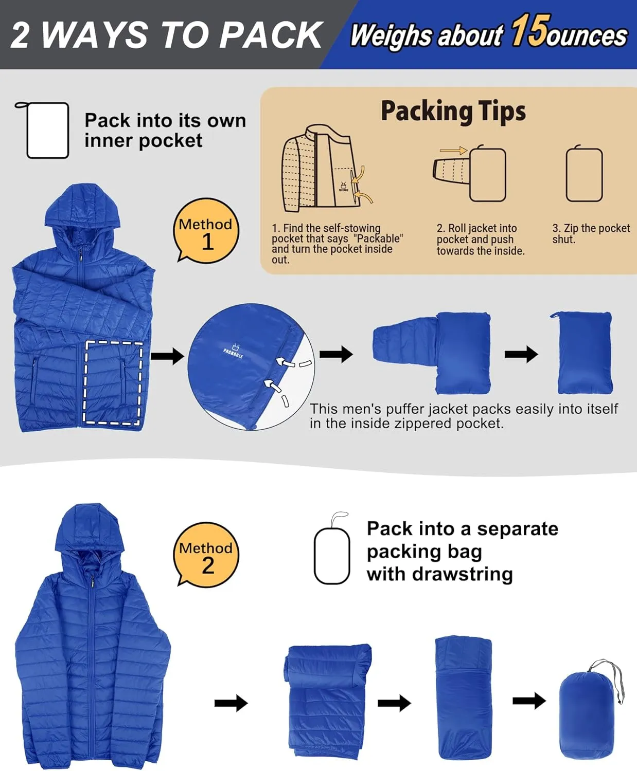 Outdoor Ventures Men's Lightweight Packable Hooded Puffer Jacket Insulated Winter Coat for Snow Ski Traveling