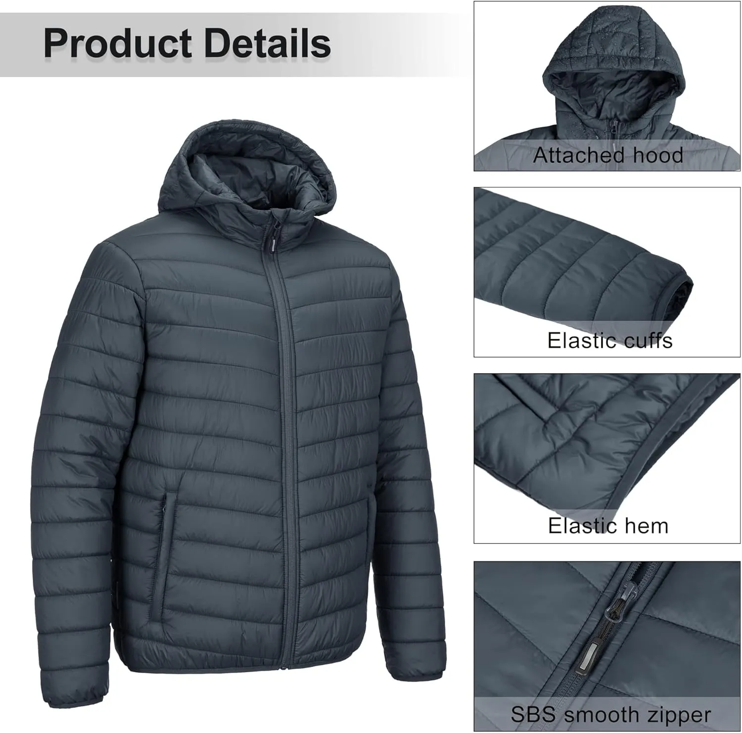 Outdoor Ventures Men's Lightweight Packable Hooded Puffer Jacket Insulated Winter Coat for Snow Ski Traveling