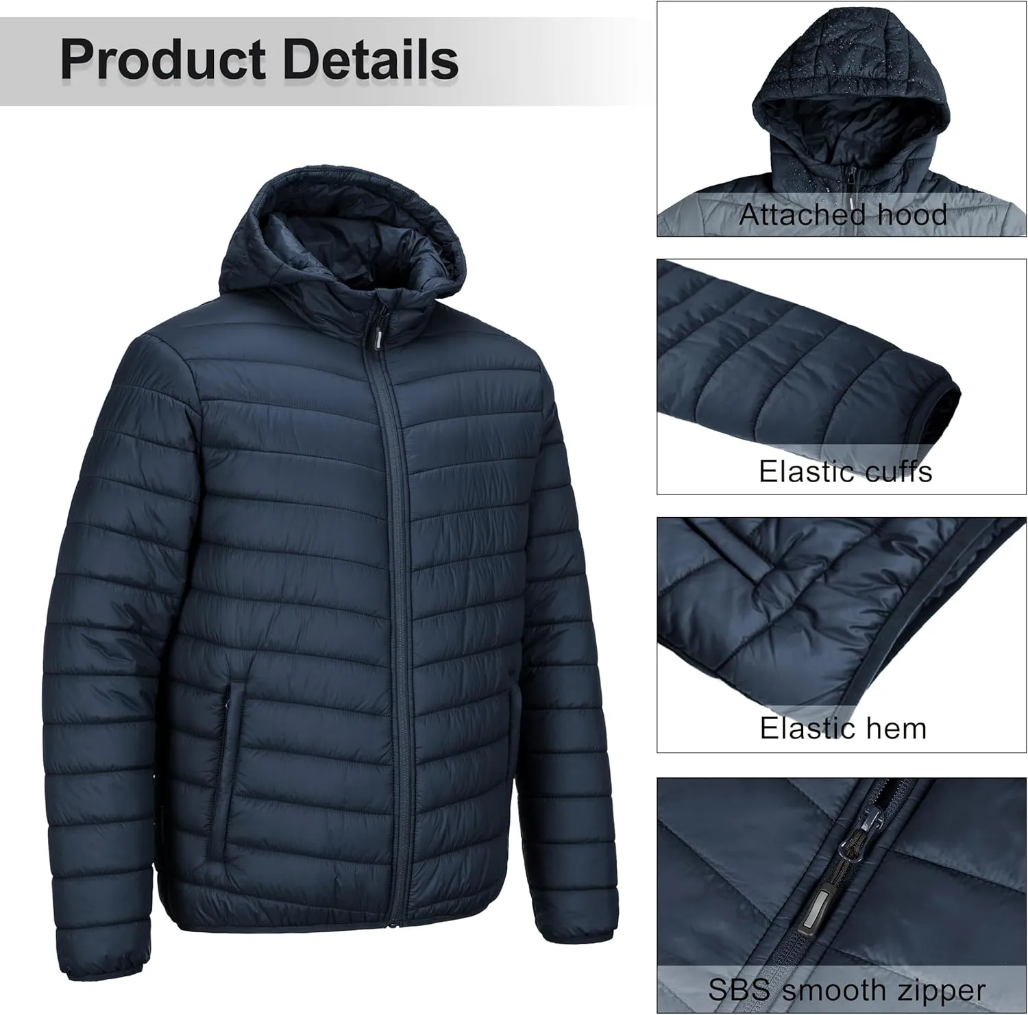 Outdoor Ventures Men's Lightweight Packable Hooded Puffer Jacket Insulated Winter Coat for Snow Ski Traveling