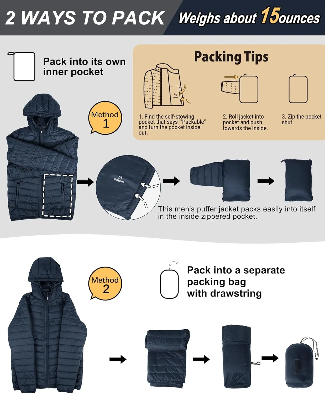 Outdoor Ventures Men's Lightweight Packable Hooded Puffer Jacket Insulated Winter Coat for Snow Ski Traveling
