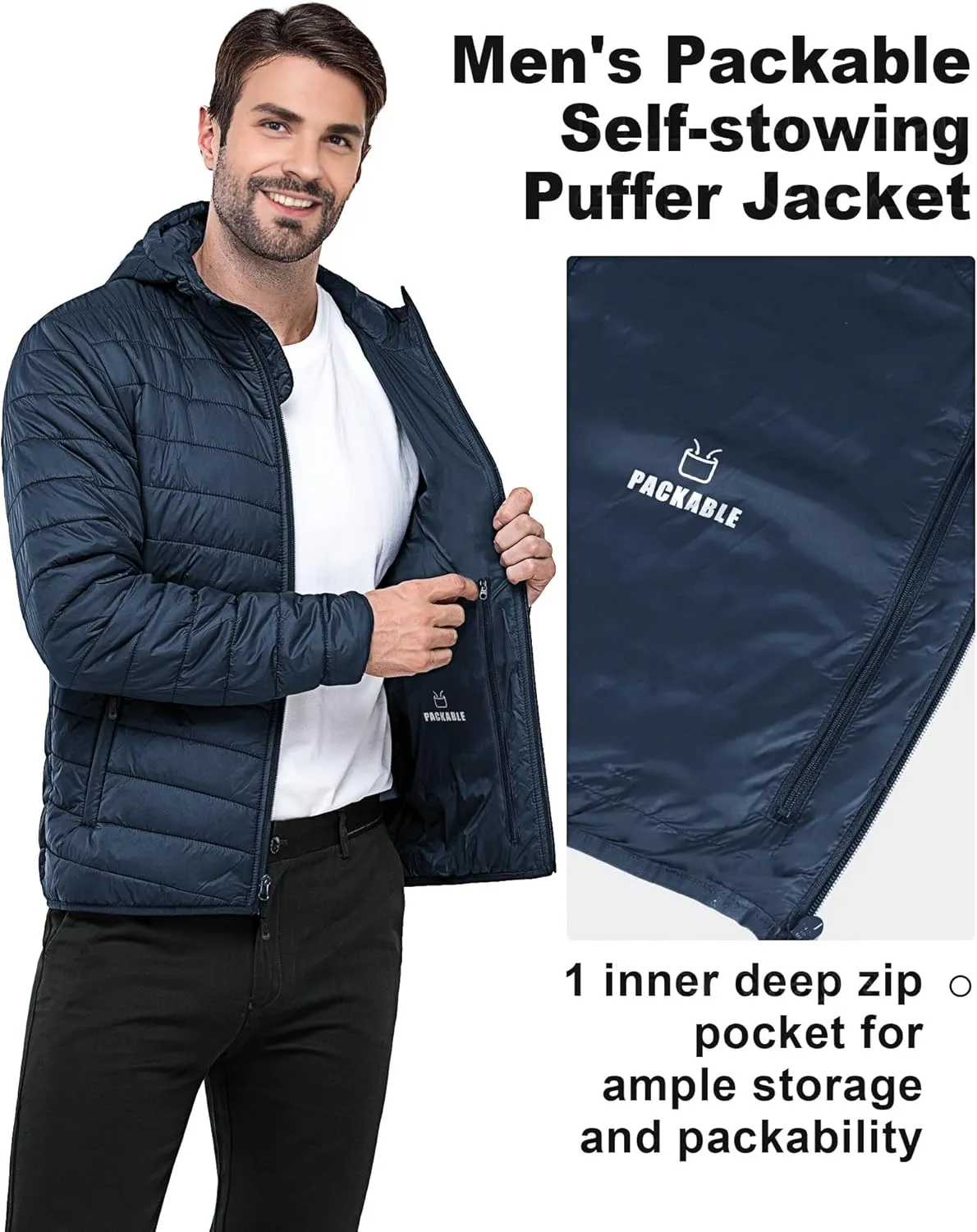 Outdoor Ventures Men's Lightweight Packable Hooded Puffer Jacket Insulated Winter Coat for Snow Ski Traveling