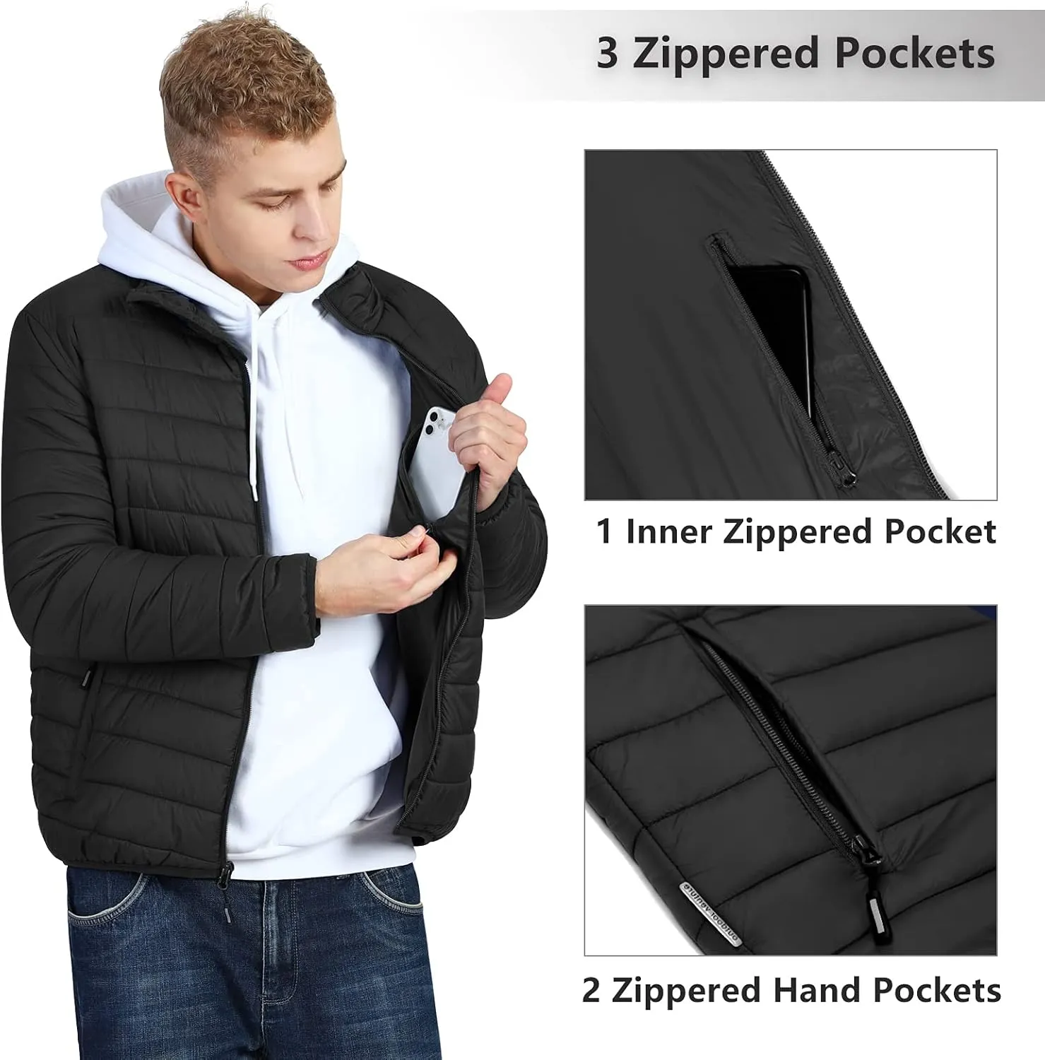 Outdoor Ventures Men's Lightweight Packable Puffer Winter Jacket Insulated Puffy Coat for Snow Ski Hiking Travel