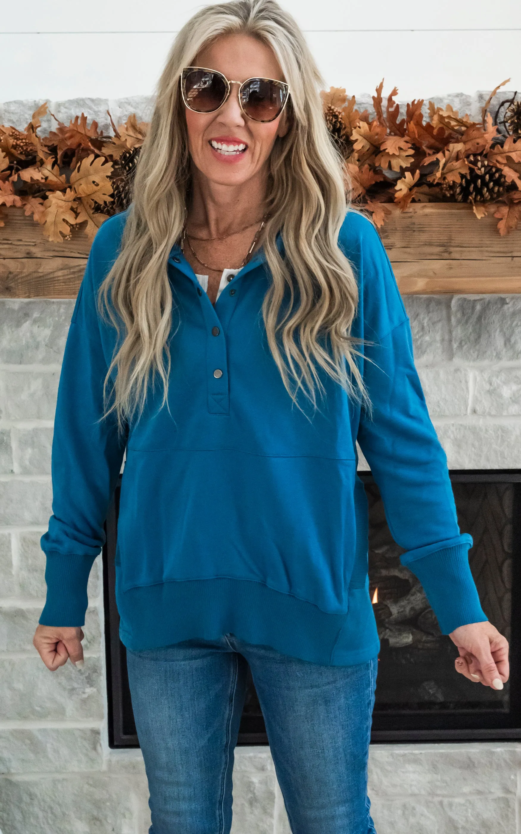 Oversized Drop Shoulder Half Button Knit Hoodie - Teal -Final Sale