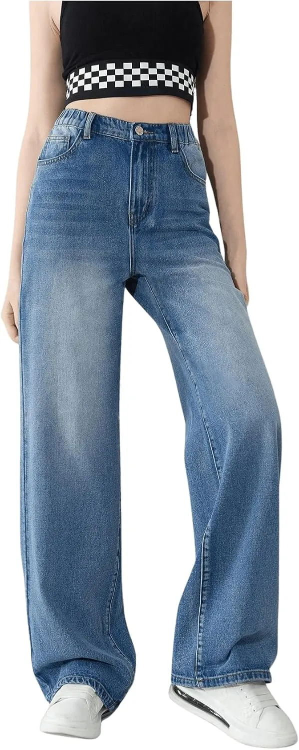 OYOANGLE Girl's Elastic Waist Wide Leg Jean Denim Pants Streetwear Long Pants with Pocket