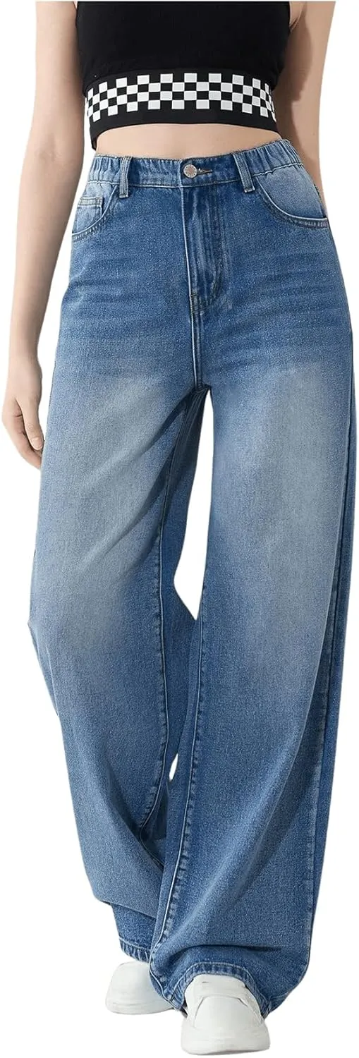 OYOANGLE Girl's Elastic Waist Wide Leg Jean Denim Pants Streetwear Long Pants with Pocket