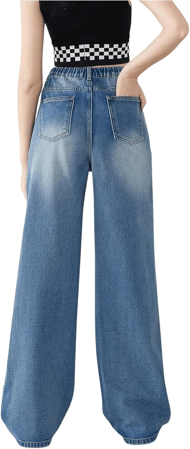 OYOANGLE Girl's Elastic Waist Wide Leg Jean Denim Pants Streetwear Long Pants with Pocket