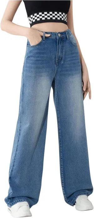 OYOANGLE Girl's Elastic Waist Wide Leg Jean Denim Pants Streetwear Long Pants with Pocket