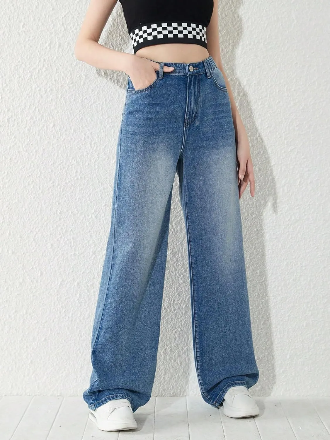 OYOANGLE Girl's Elastic Waist Wide Leg Jean Denim Pants Streetwear Long Pants with Pocket