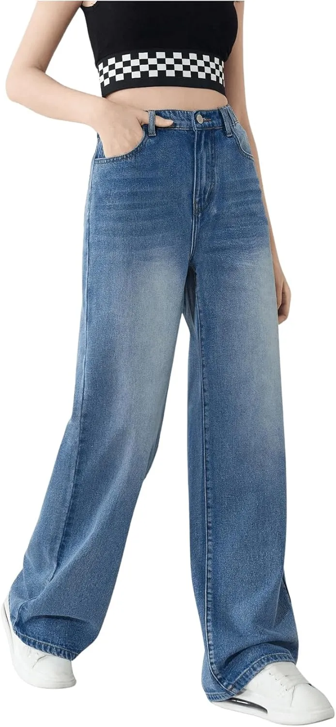 OYOANGLE Girl's Elastic Waist Wide Leg Jean Denim Pants Streetwear Long Pants with Pocket