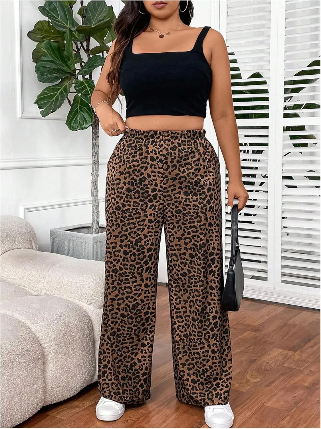 OYOANGLE Women's Plus Size Leopard Print Wide Leg Pants Elastic High Waisted Casual Trousers with Pockets