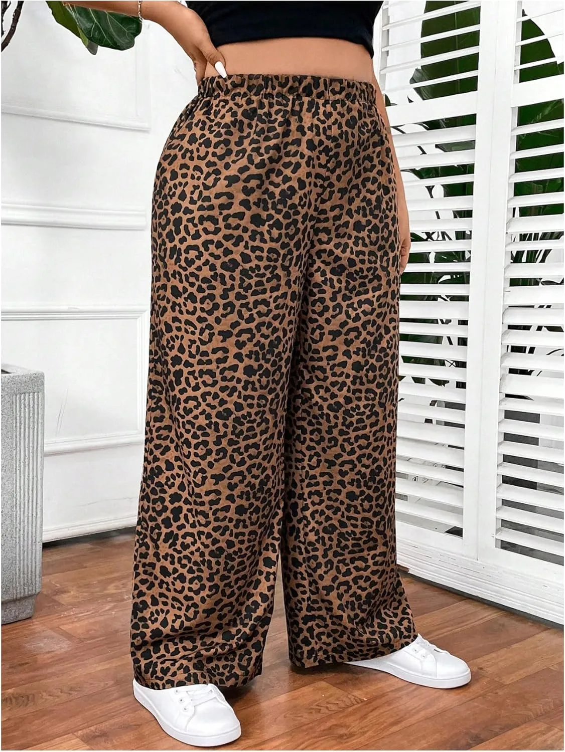 OYOANGLE Women's Plus Size Leopard Print Wide Leg Pants Elastic High Waisted Casual Trousers with Pockets