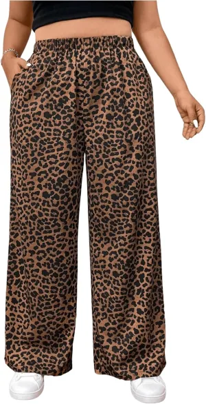 OYOANGLE Women's Plus Size Leopard Print Wide Leg Pants Elastic High Waisted Casual Trousers with Pockets