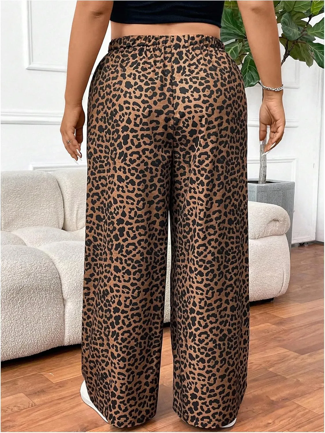 OYOANGLE Women's Plus Size Leopard Print Wide Leg Pants Elastic High Waisted Casual Trousers with Pockets