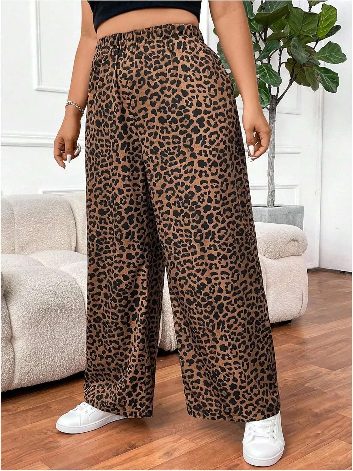 OYOANGLE Women's Plus Size Leopard Print Wide Leg Pants Elastic High Waisted Casual Trousers with Pockets