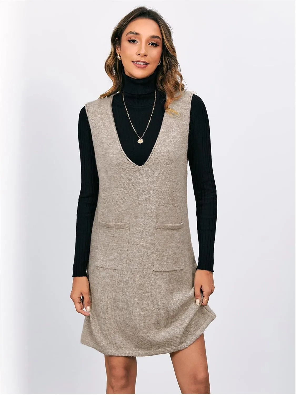 OYOANGLE Women's V Neck Sleeveless Knitted Solid Short Sweater Dress with Pockets