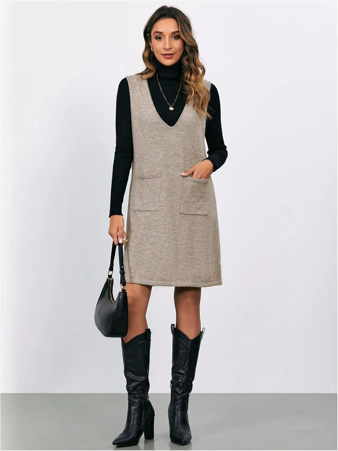 OYOANGLE Women's V Neck Sleeveless Knitted Solid Short Sweater Dress with Pockets