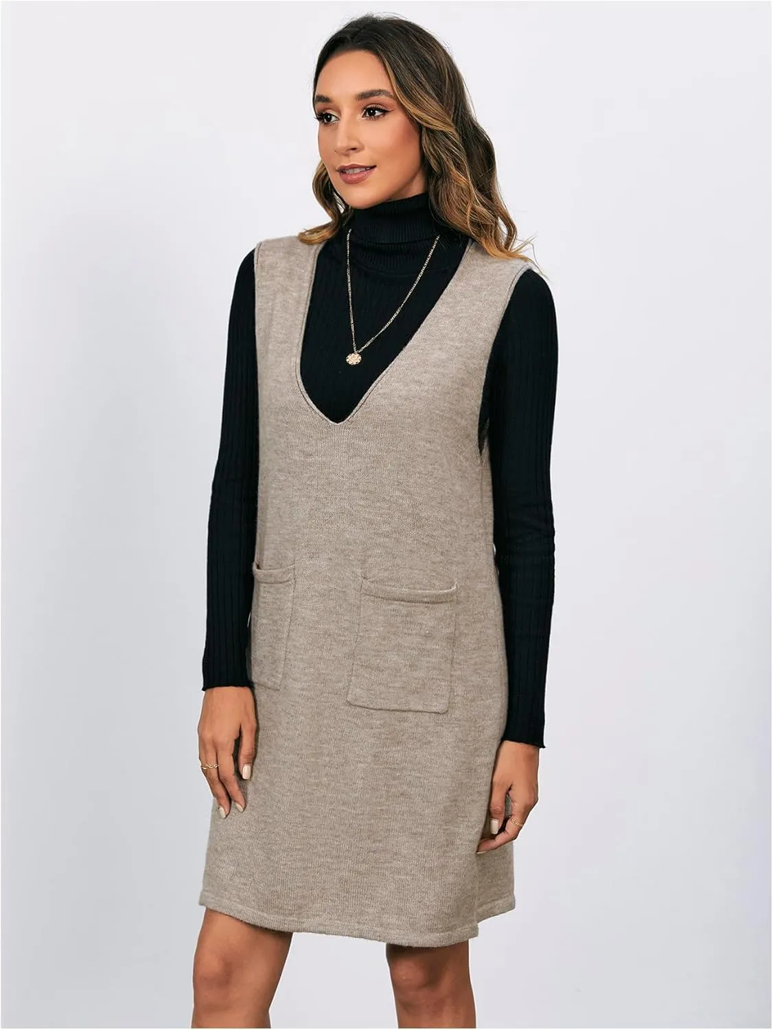 OYOANGLE Women's V Neck Sleeveless Knitted Solid Short Sweater Dress with Pockets