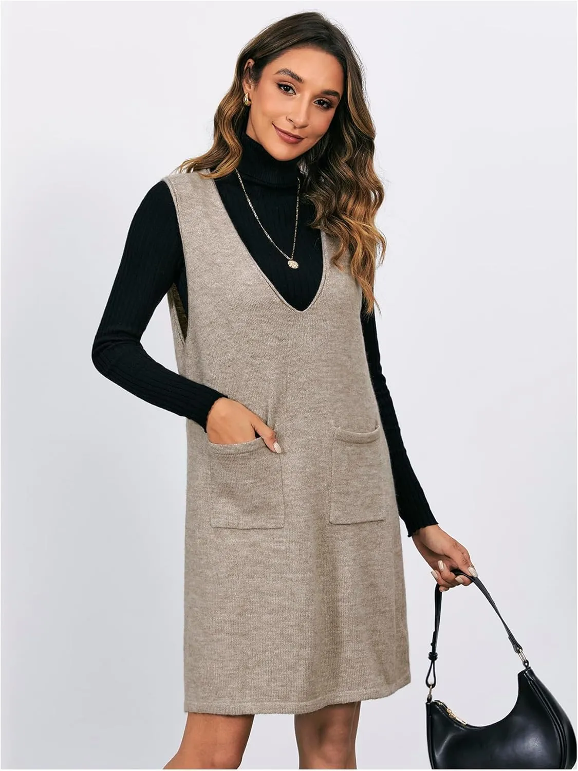 OYOANGLE Women's V Neck Sleeveless Knitted Solid Short Sweater Dress with Pockets