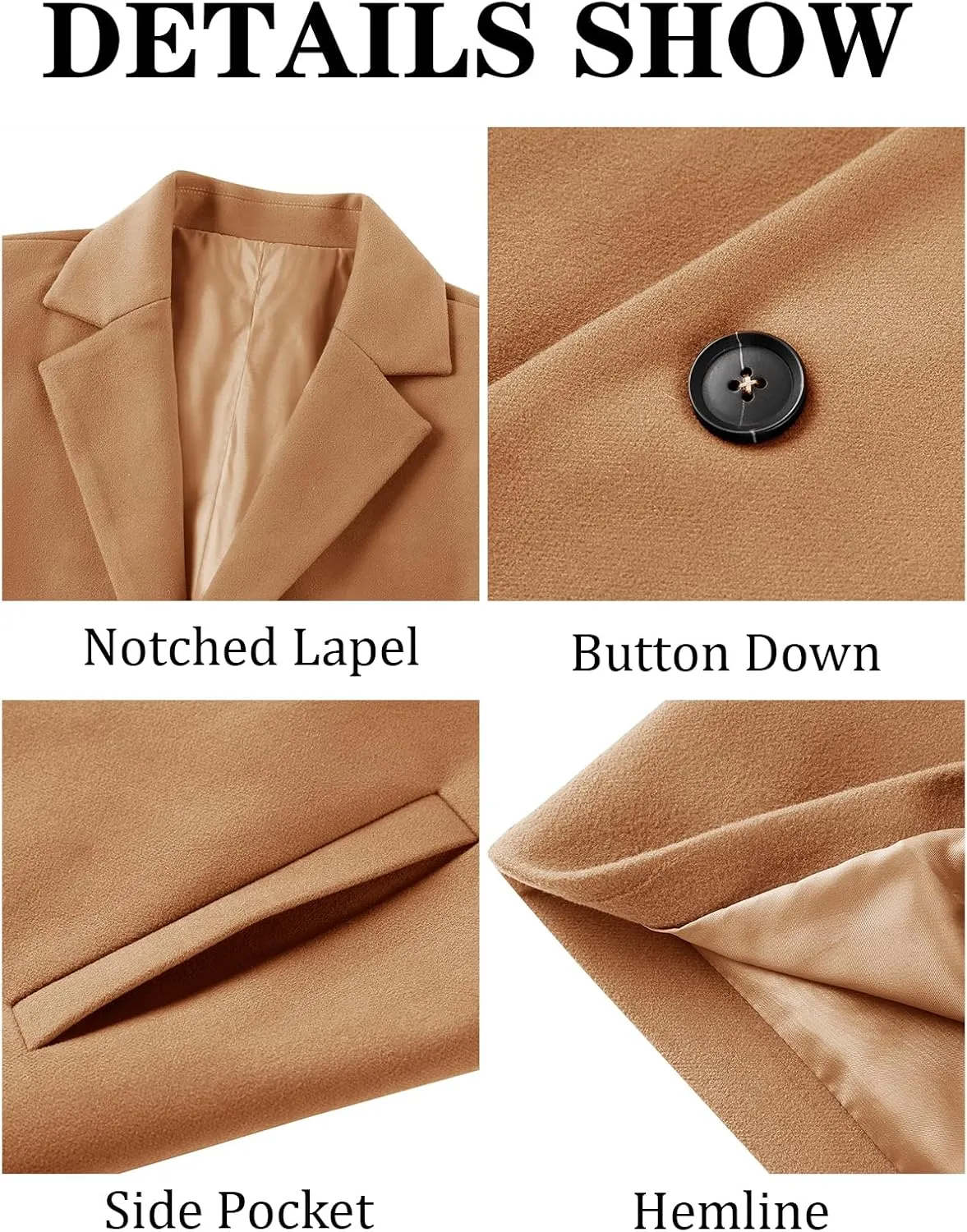 PASLTER Mens Trench Coat Slim Fit Notched Collar Fall Winter Single Breasted Pea Coat Warm Soft Overcoat
