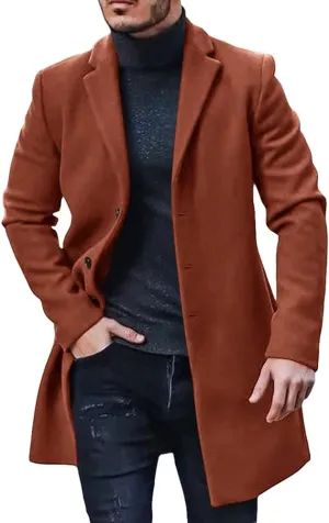 PASLTER Mens Trench Coat Slim Fit Notched Collar Fall Winter Single Breasted Pea Coat Warm Soft Overcoat