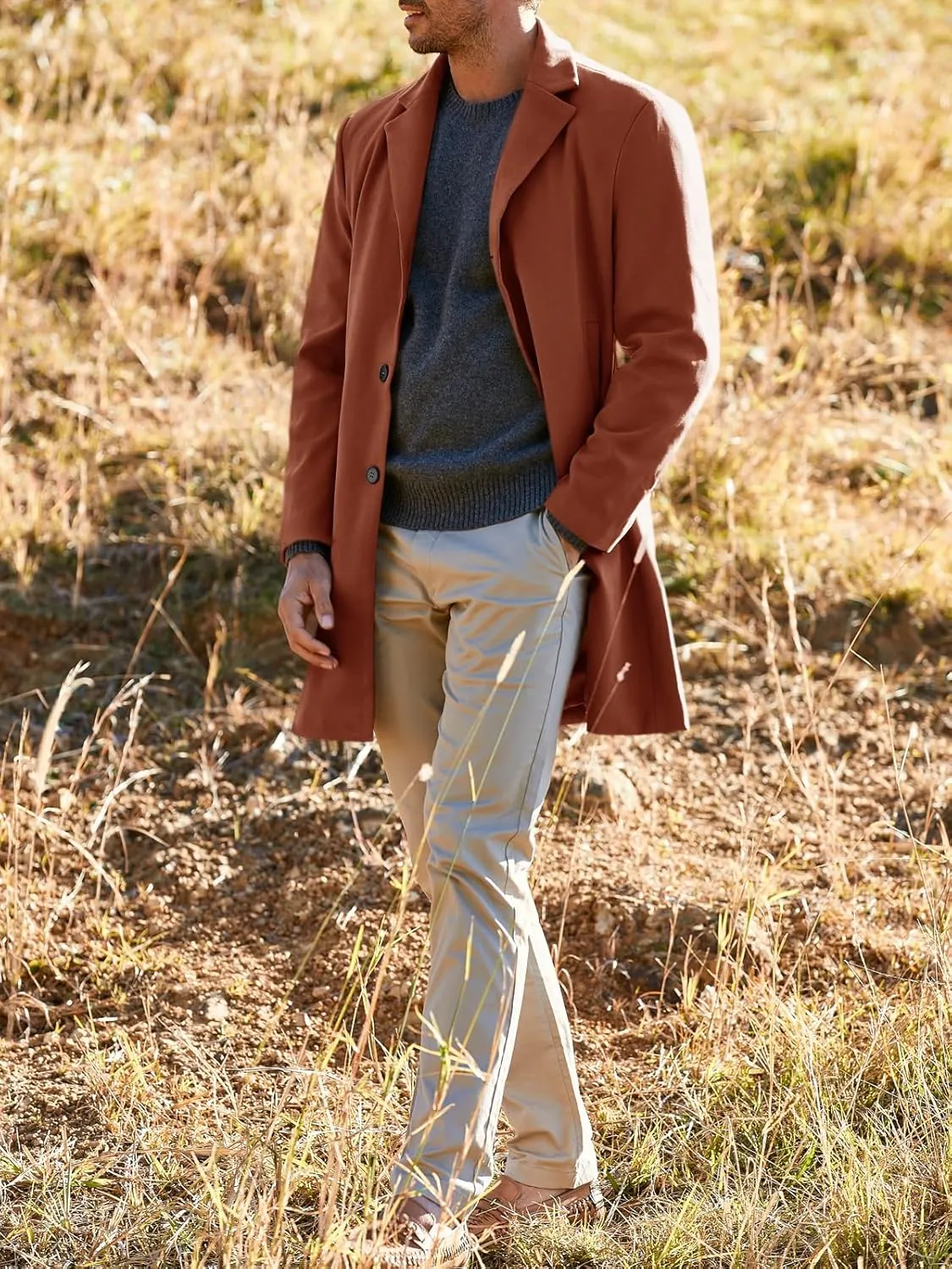 PASLTER Mens Trench Coat Slim Fit Notched Collar Fall Winter Single Breasted Pea Coat Warm Soft Overcoat