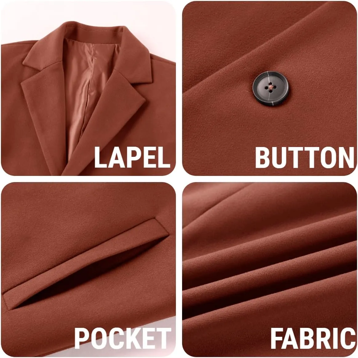 PASLTER Mens Trench Coat Slim Fit Notched Collar Fall Winter Single Breasted Pea Coat Warm Soft Overcoat