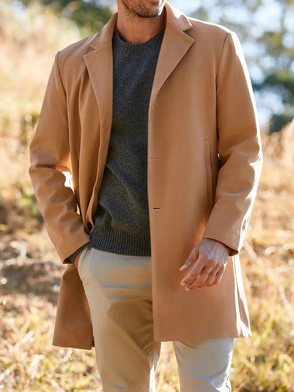 PASLTER Mens Trench Coat Slim Fit Notched Collar Fall Winter Single Breasted Pea Coat Warm Soft Overcoat