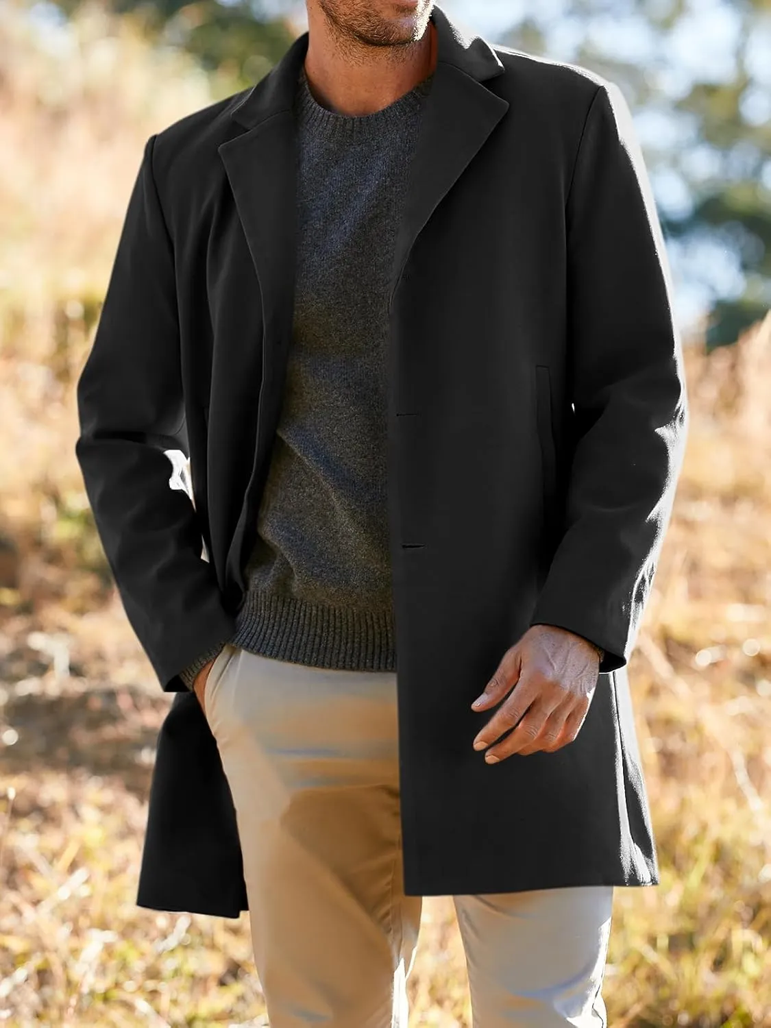 PASLTER Mens Trench Coat Slim Fit Notched Collar Fall Winter Single Breasted Pea Coat Warm Soft Overcoat