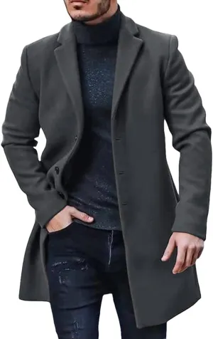 PASLTER Mens Trench Coat Slim Fit Notched Collar Fall Winter Single Breasted Pea Coat Warm Soft Overcoat