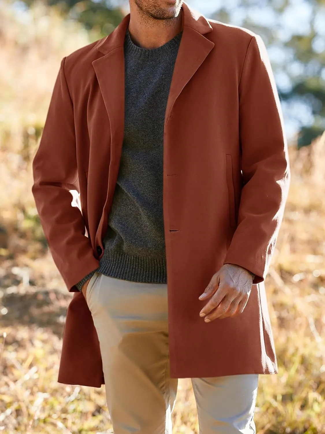 PASLTER Mens Trench Coat Slim Fit Notched Collar Fall Winter Single Breasted Pea Coat Warm Soft Overcoat