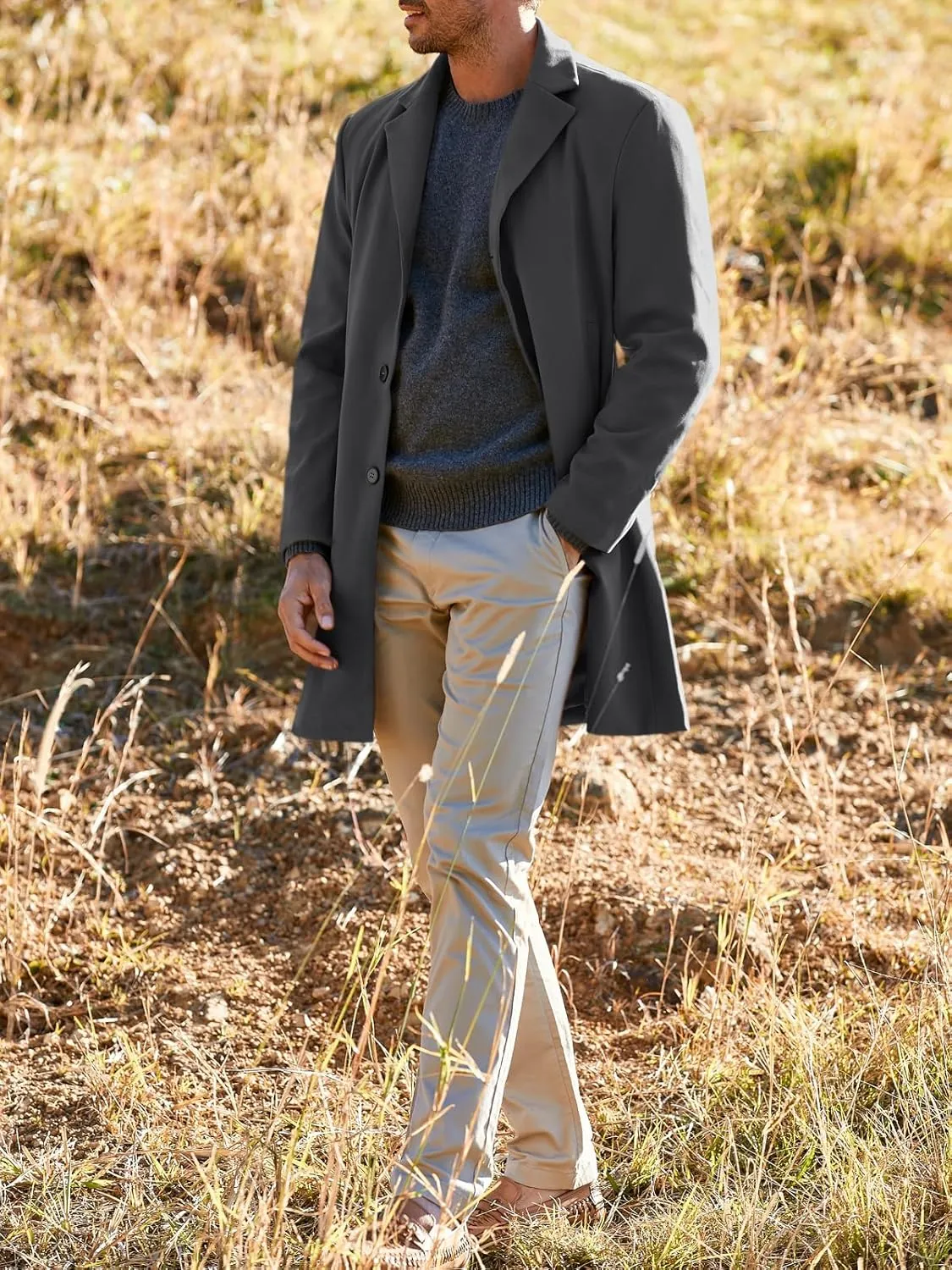 PASLTER Mens Trench Coat Slim Fit Notched Collar Fall Winter Single Breasted Pea Coat Warm Soft Overcoat