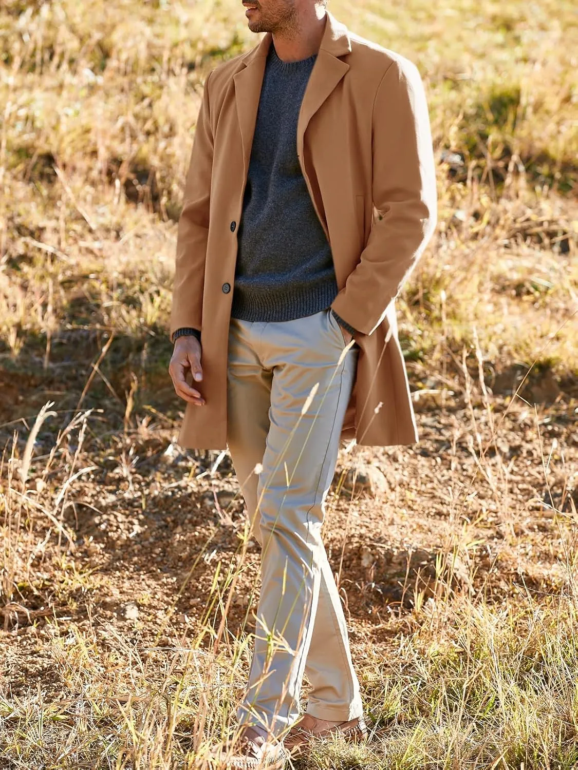 PASLTER Mens Trench Coat Slim Fit Notched Collar Fall Winter Single Breasted Pea Coat Warm Soft Overcoat