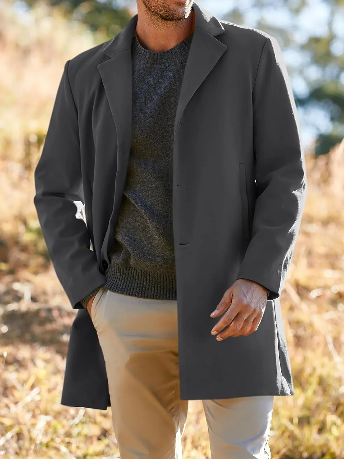 PASLTER Mens Trench Coat Slim Fit Notched Collar Fall Winter Single Breasted Pea Coat Warm Soft Overcoat