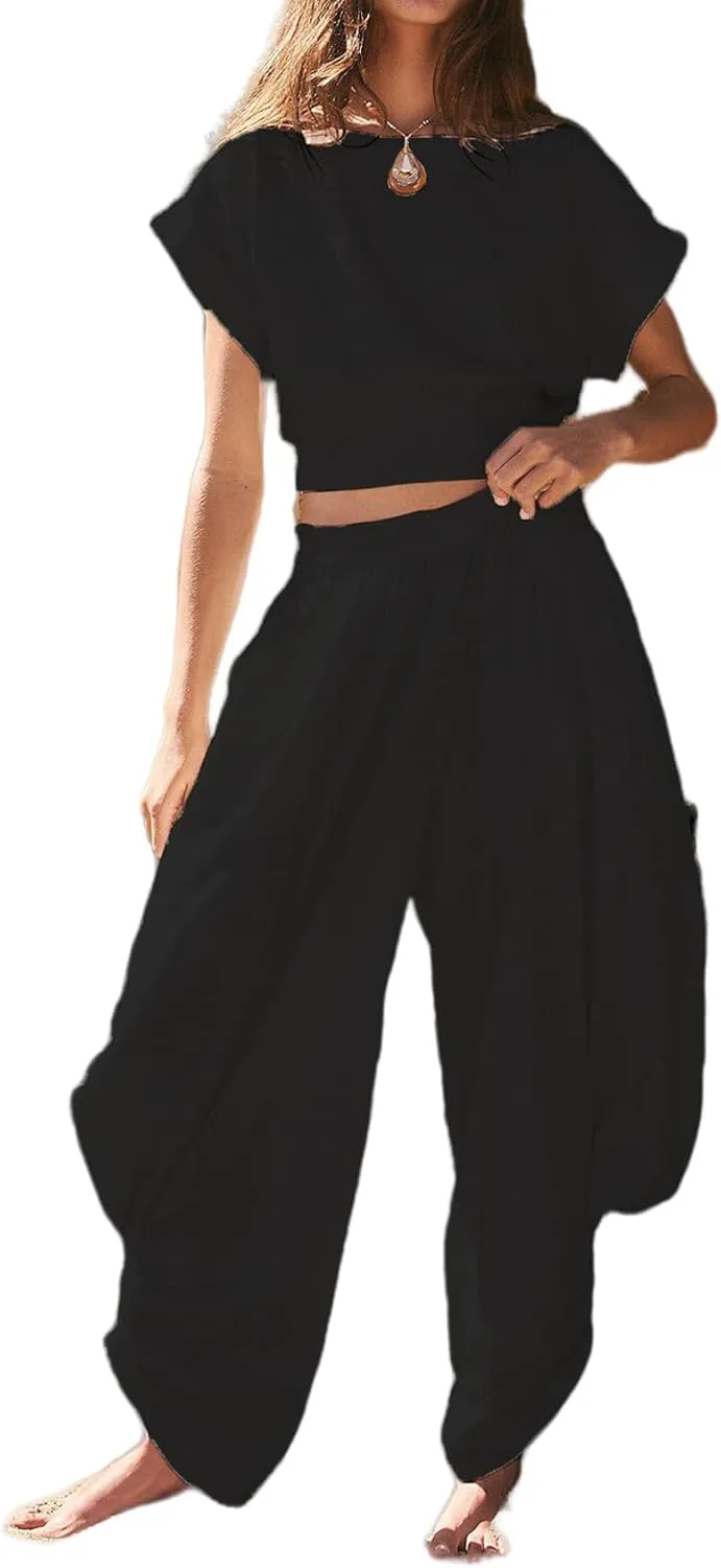 Perbai Womens 2 Piece Summer Matching Sets Short Sleeve Tie Back Crop Top High Waisted Harem Pants Tracksuit